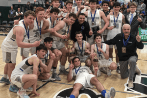Bronxville celebrates its Class B championship on March 5, 2022. The Broncos beat Briarcliff 66-49 to win the Section I crown.
