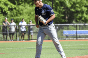 Joe Sabia celebrates after recording an inning-ending out against Somers. Sabia took the hill in Sunday’s game on short rest and pitched admirably for the Eagles. Photos/Mike Smith